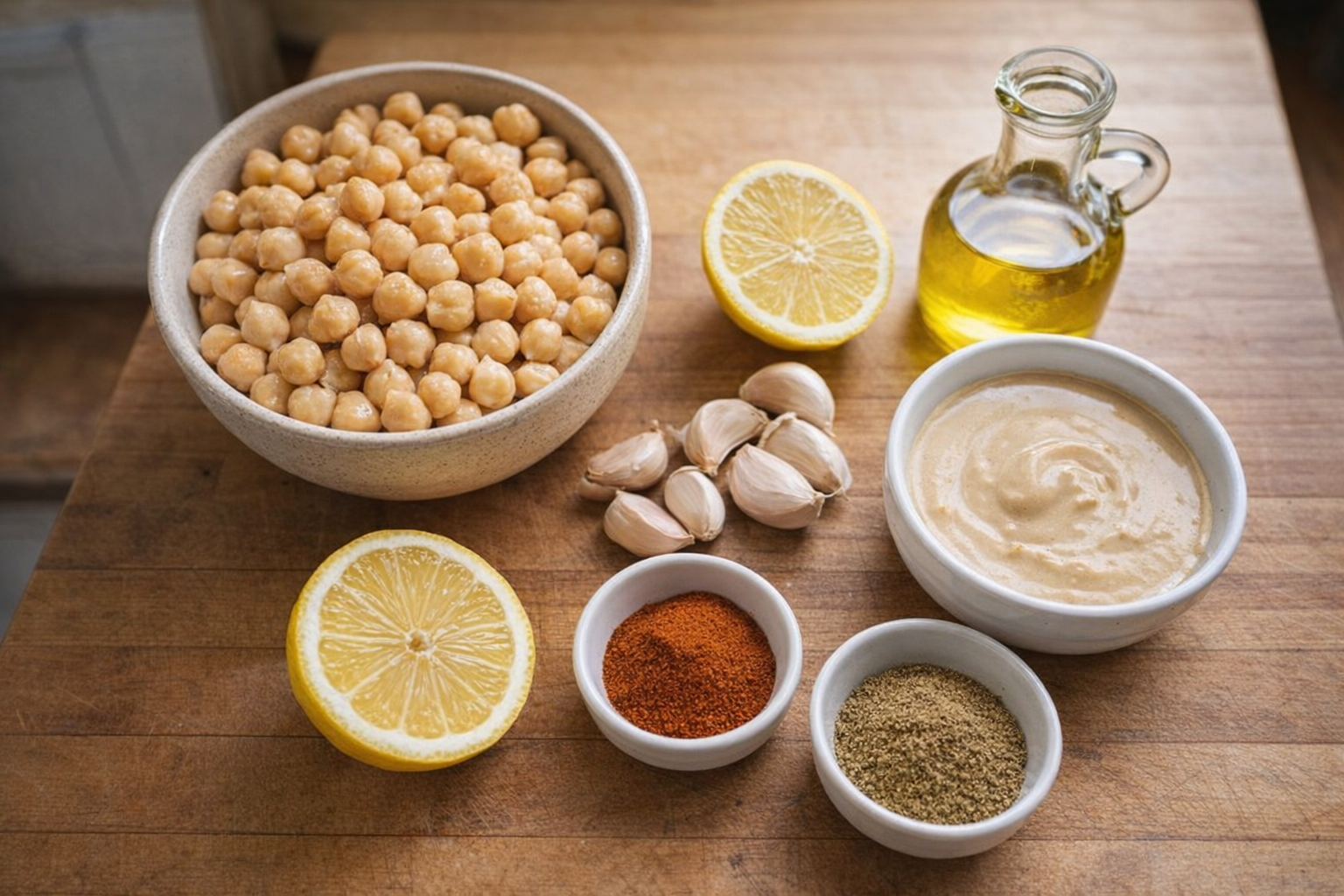 A close-up, overhead shot of the ingredients for hummus: cooked chickpeas, tahini, lemon, garlic, olive oil, and spices arranged neatly on a wooden surface